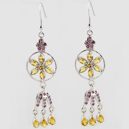 Yellow Earrings Honey Citrine 925 Sterling Silver Daisy Dangle Earring - Kashmir Designs