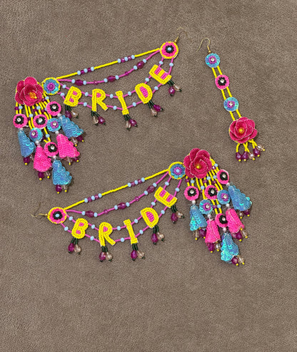 Yellow, Pink & Turquoise Floral BRIDE Earring Tikka Set